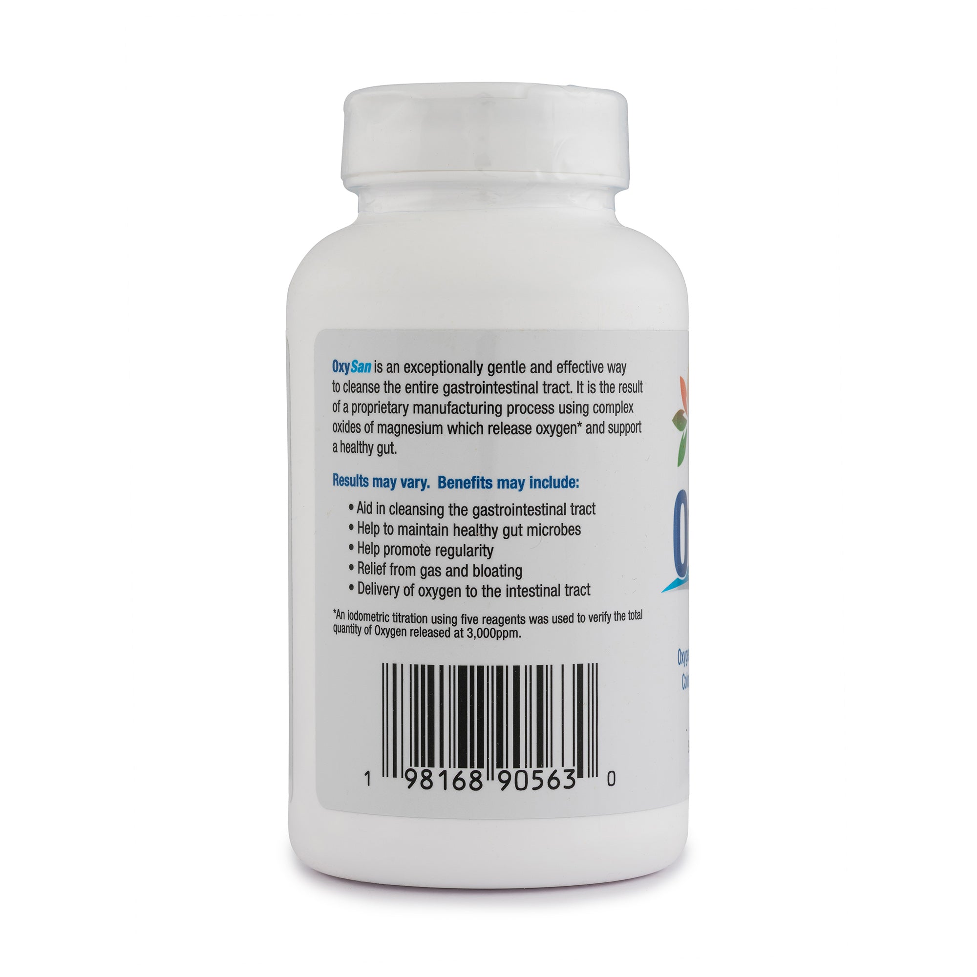 Back view of a supplement bottle with text and a barcode on a white background