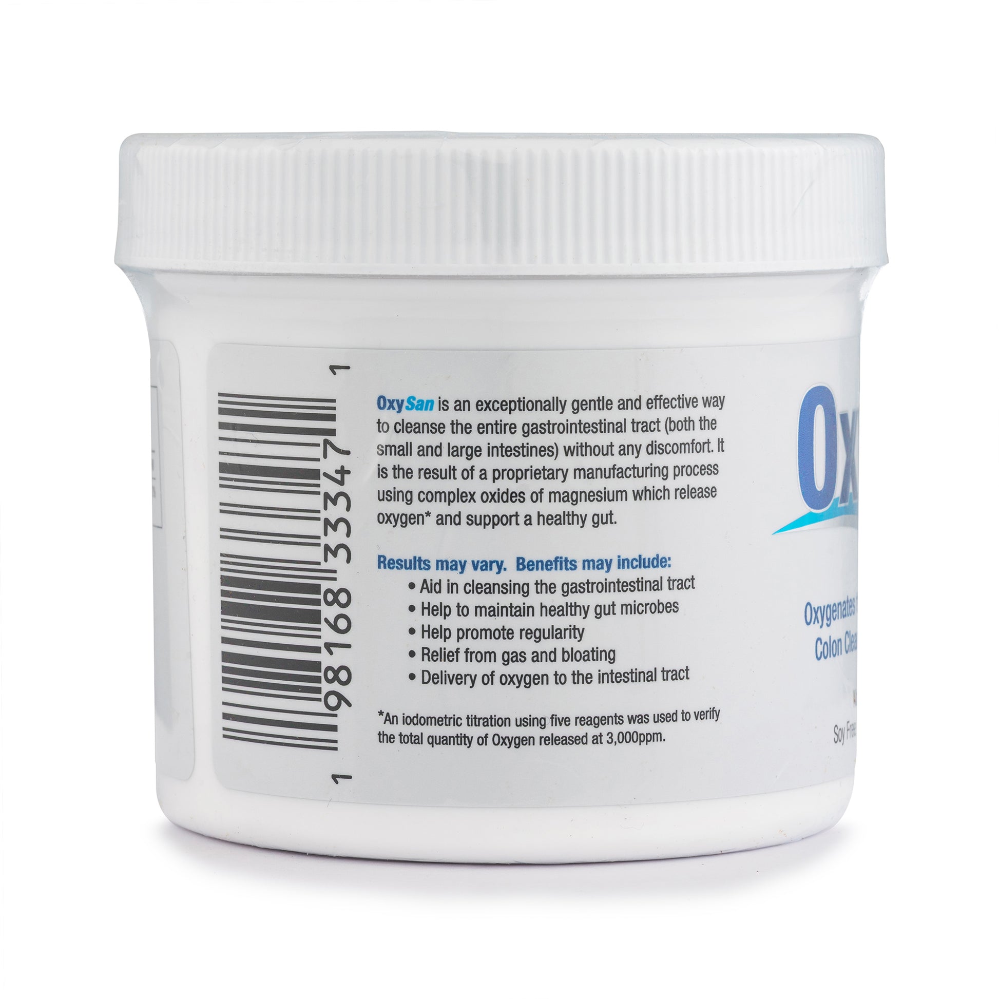 White container with text and a barcode on a white background