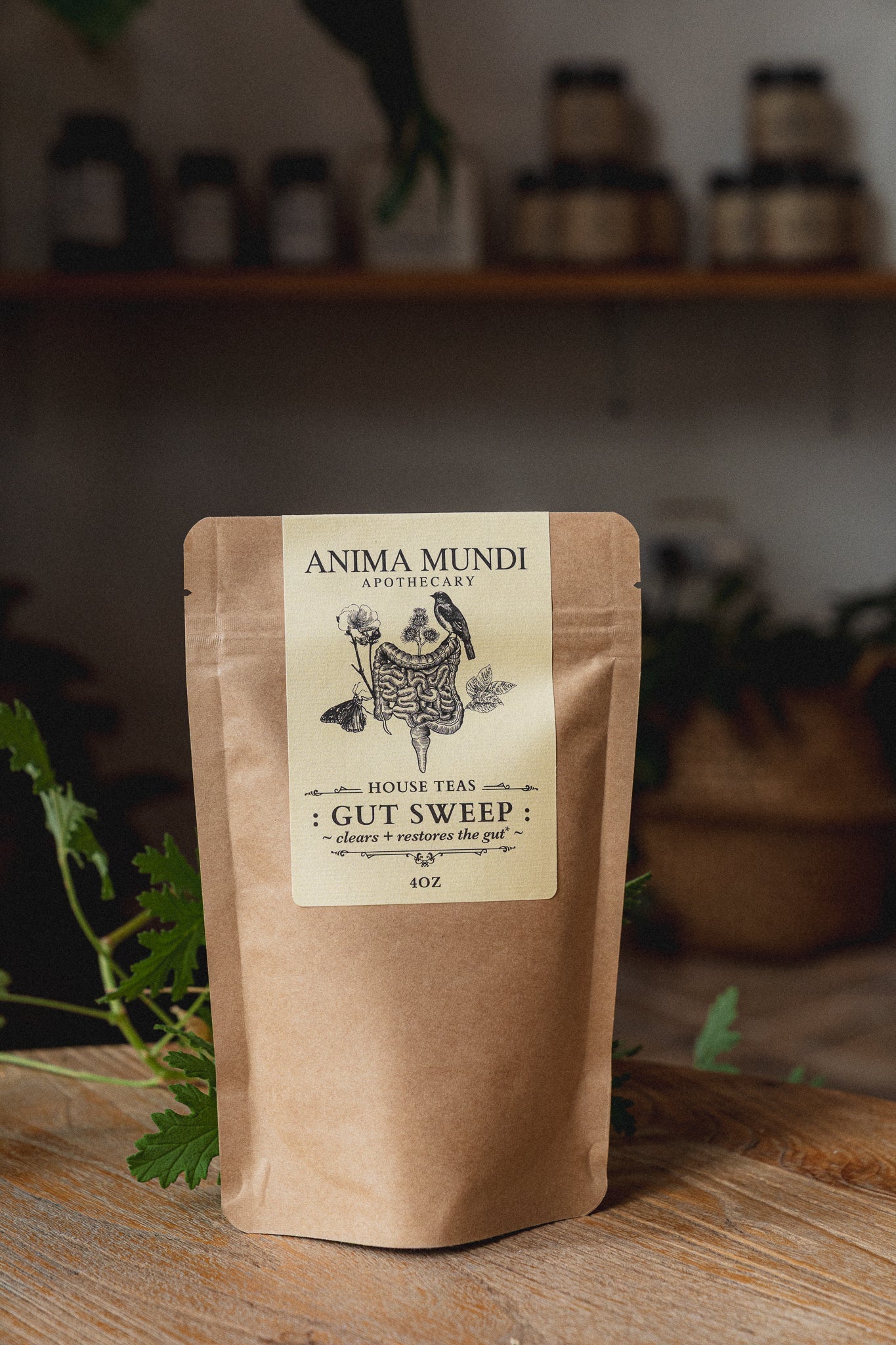 Kraft paper bag with 'Anima Mundi Apothecary' label on a wooden surface