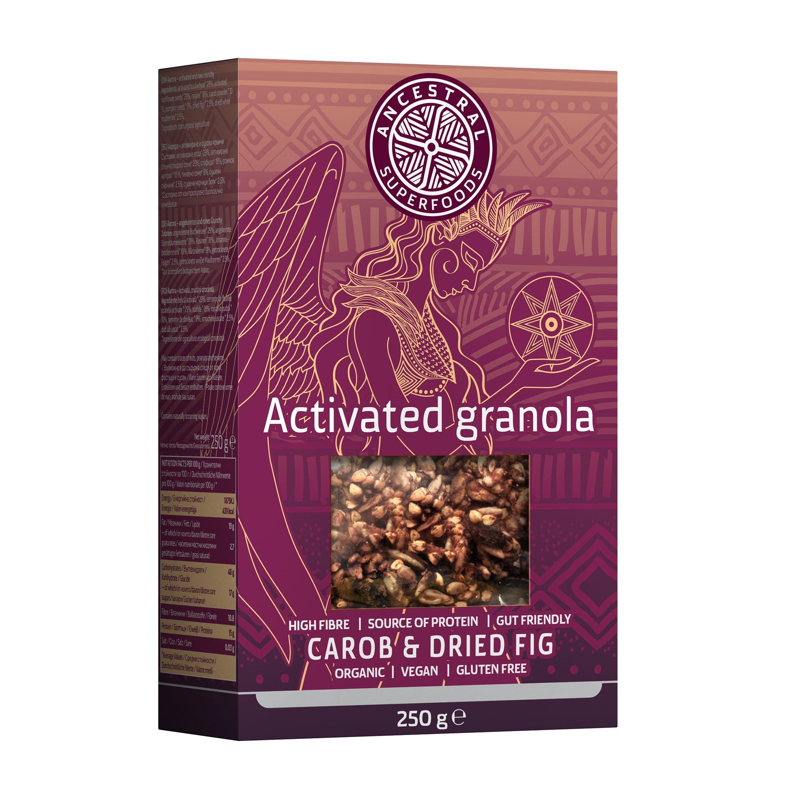 Box of Activated Granola with Carob & Dried Fig flavor on a white background