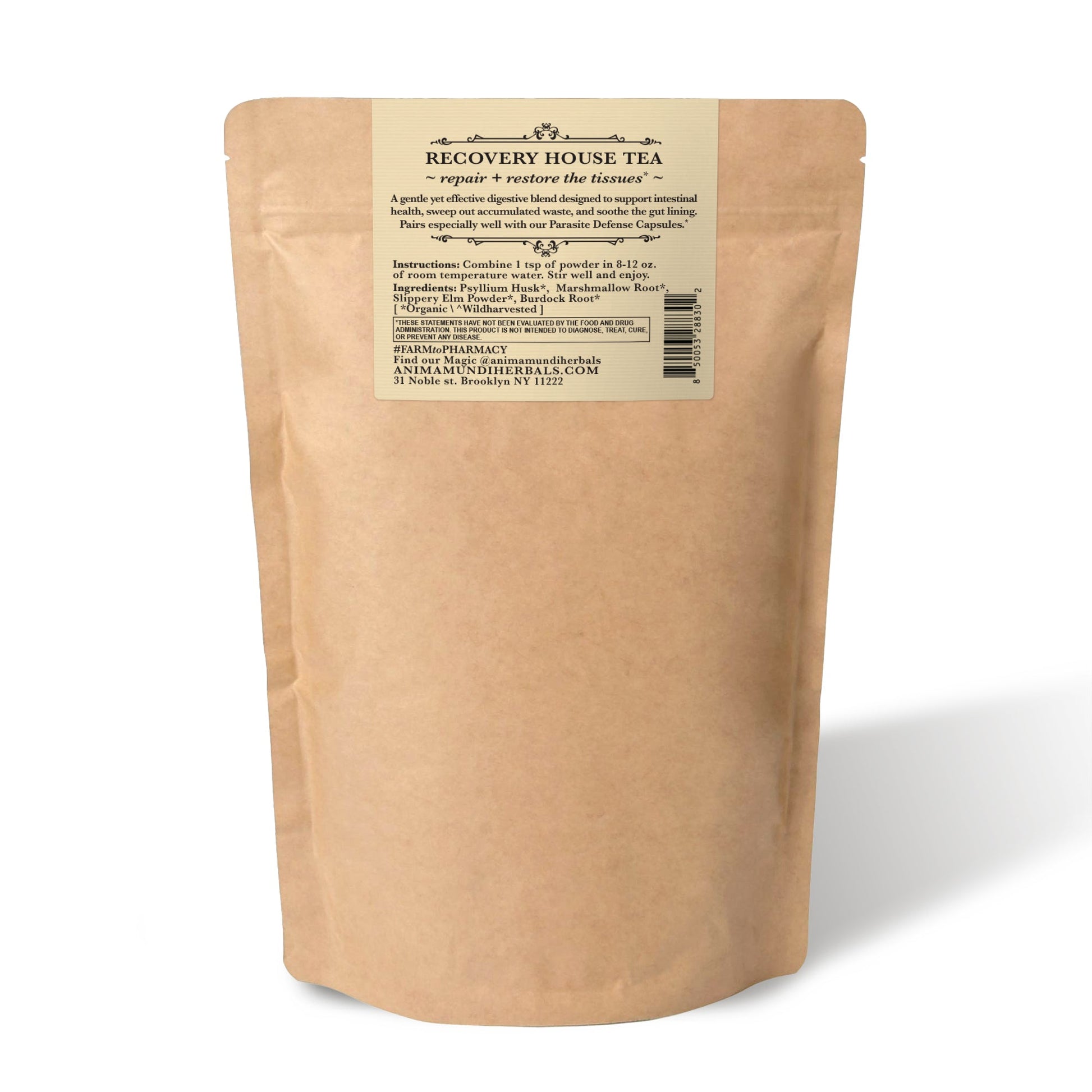 Kraft paper tea bag with a label on a white background