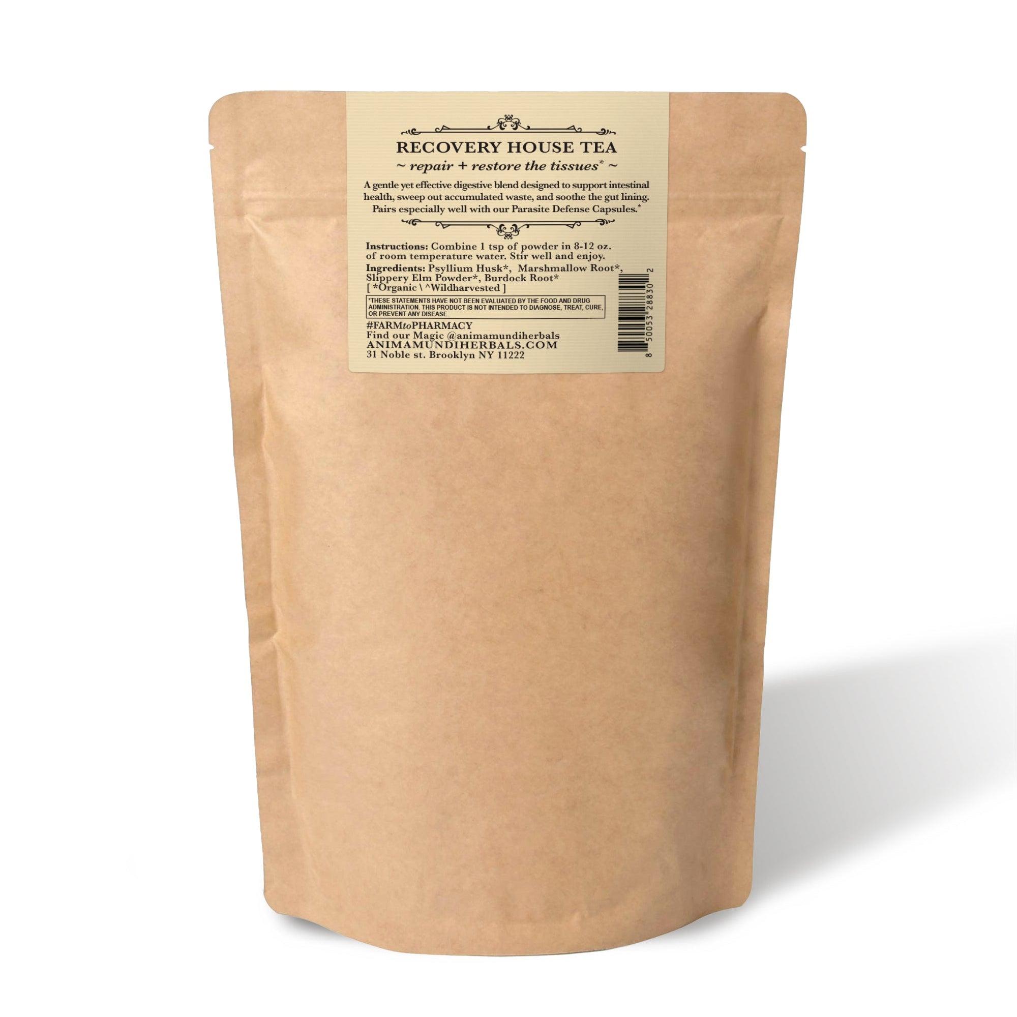 Kraft paper tea bag with a label on a white background