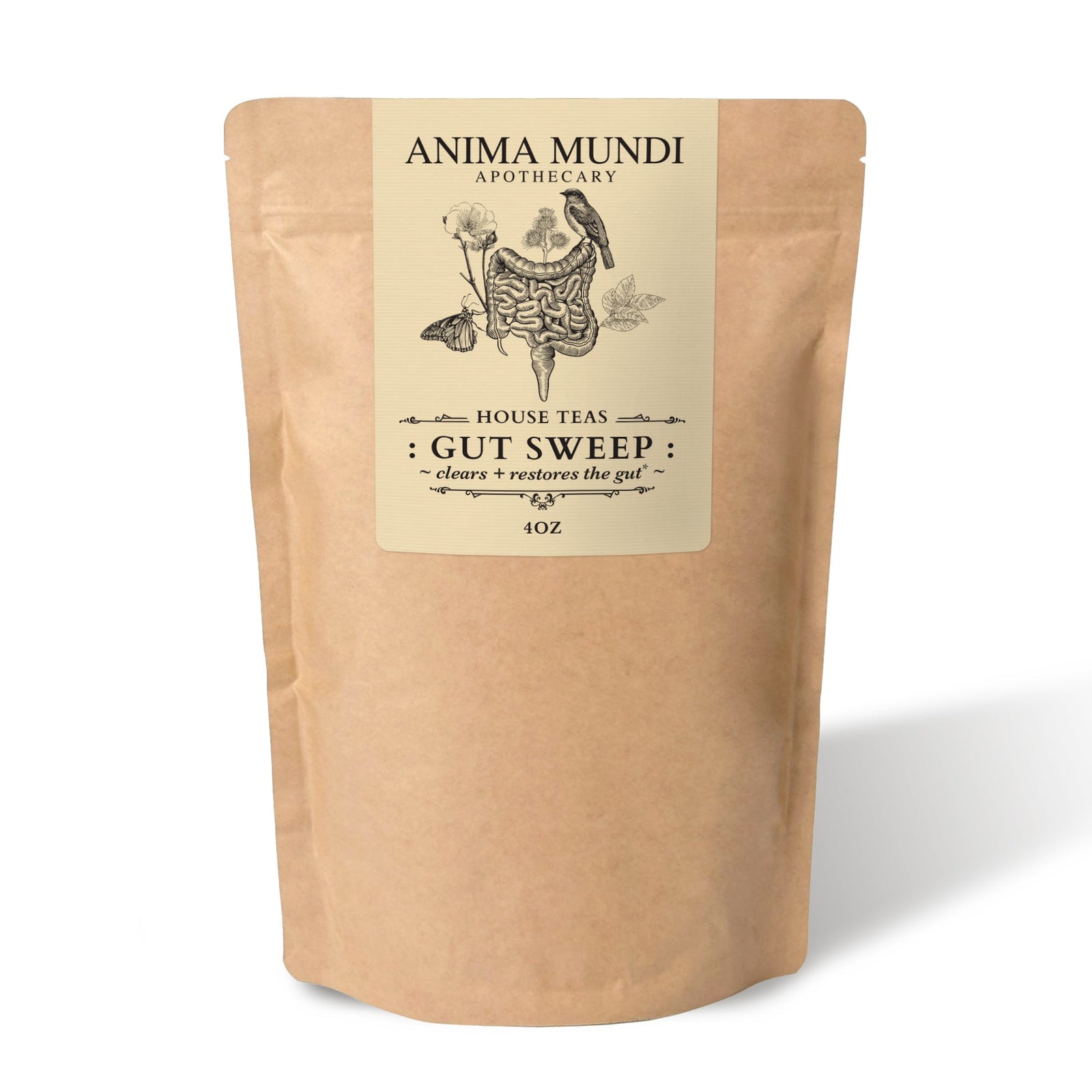 Kraft paper packaging of Anima Mundi Apothecary with a label on a white background
