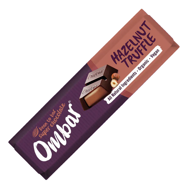 Ombas hazelnut truffle chocolate bar packaging on a white background