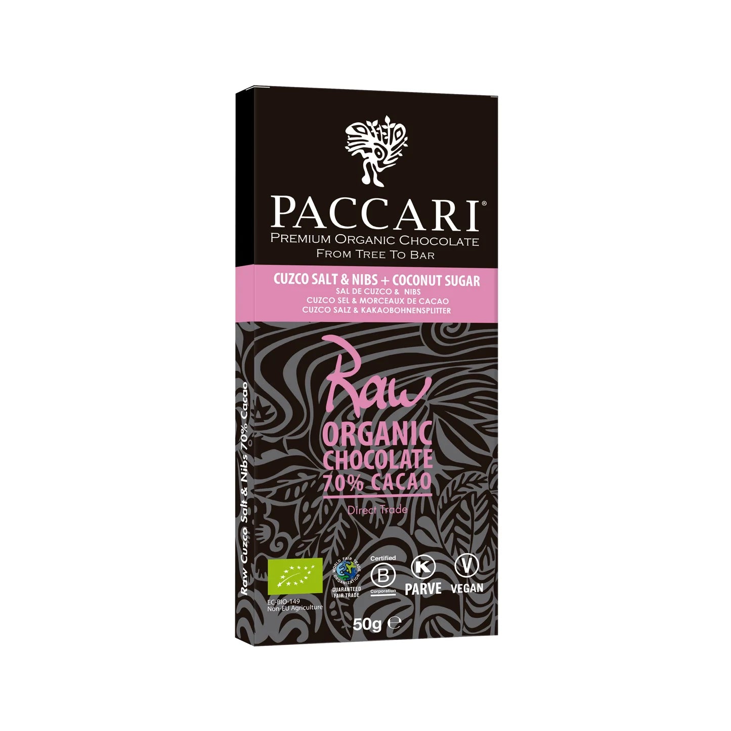 Organic 70% Cacao with Salt & Nibs | Pacari | Raw Living UK | Pacari 70% Cacao Raw Chocolate Bar with Salt & Nibs is a delicious Vegan, Plant Based, Low-Sugar Chocolate. Pacari bring together taste, nutrition & ethics.