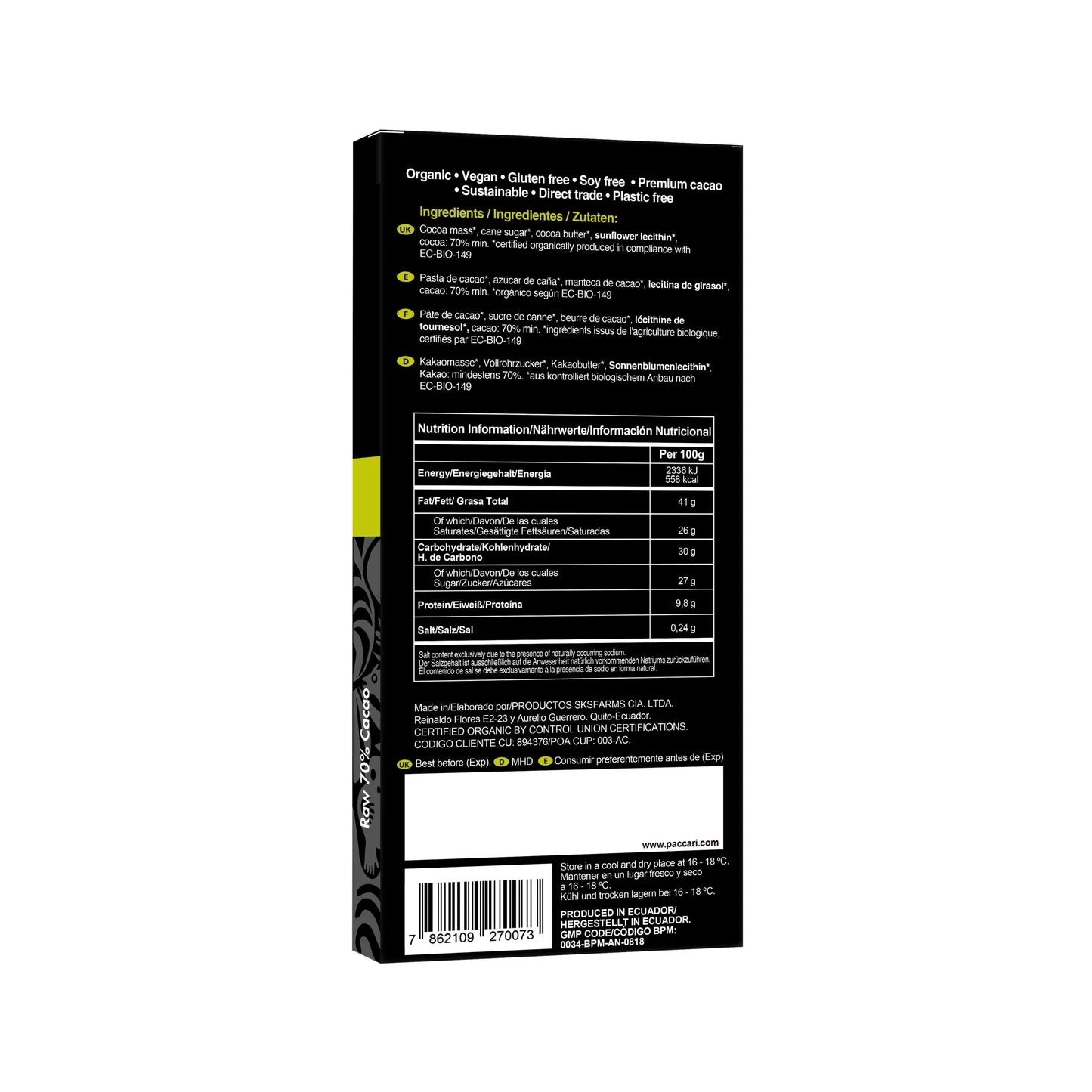 70% Cacao Raw Chocolate Bar (50g) | Pacari | Raw Living UK | Pacari 70% Cacao Raw Chocolate Bar is premium & delicious Vegan, Plant Based, Low-Sugar Chocolate. Pacari bring together taste, nutrition & ethics.