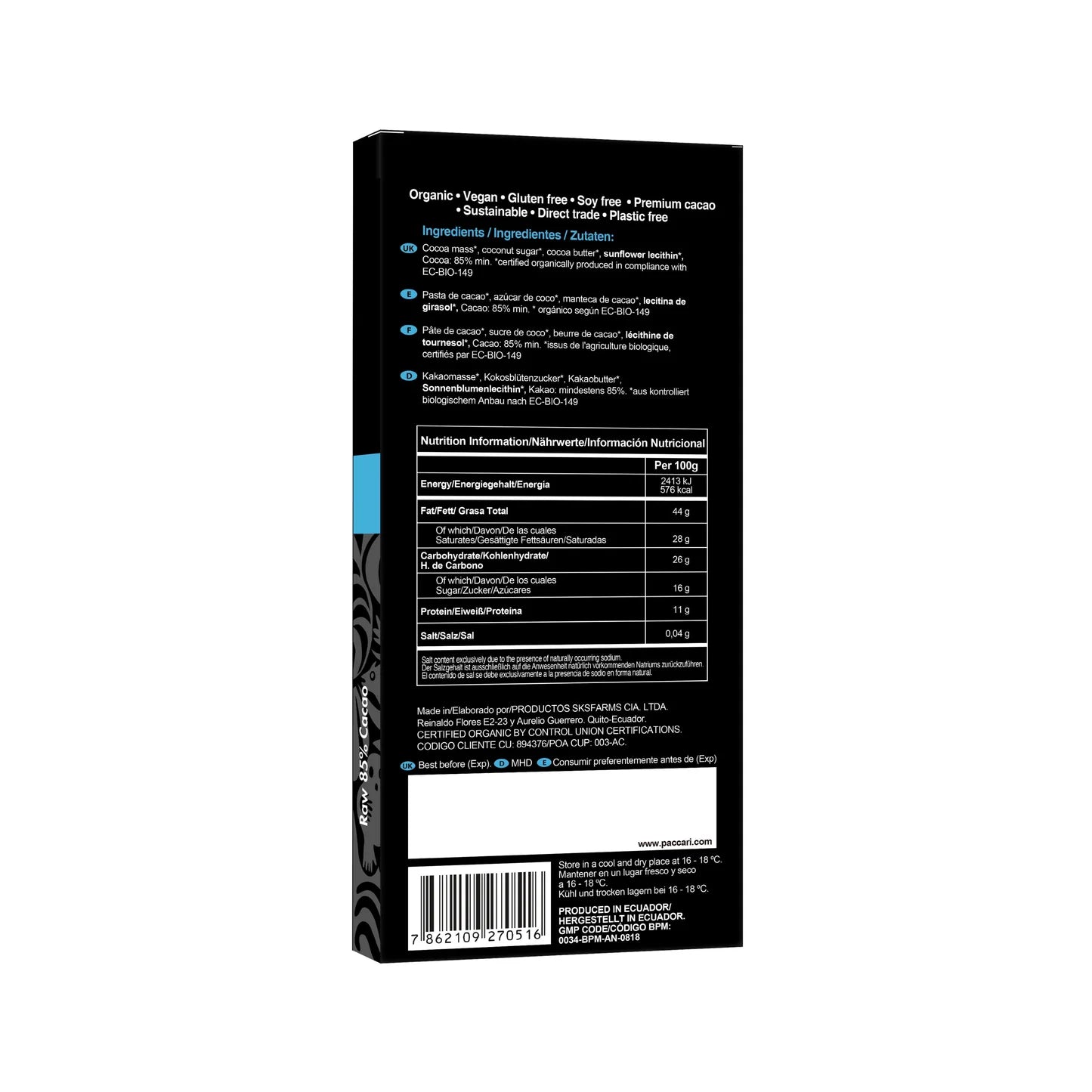 85% Cacao Raw Chocolate Bar (50g) | Pacari | Raw Living UK | Pacari 85% Cacao Raw Chocolate Bar is premium & delicious Vegan, Plant Based, Low-Sugar Chocolate. Pacari bring together taste, nutrition & ethics.