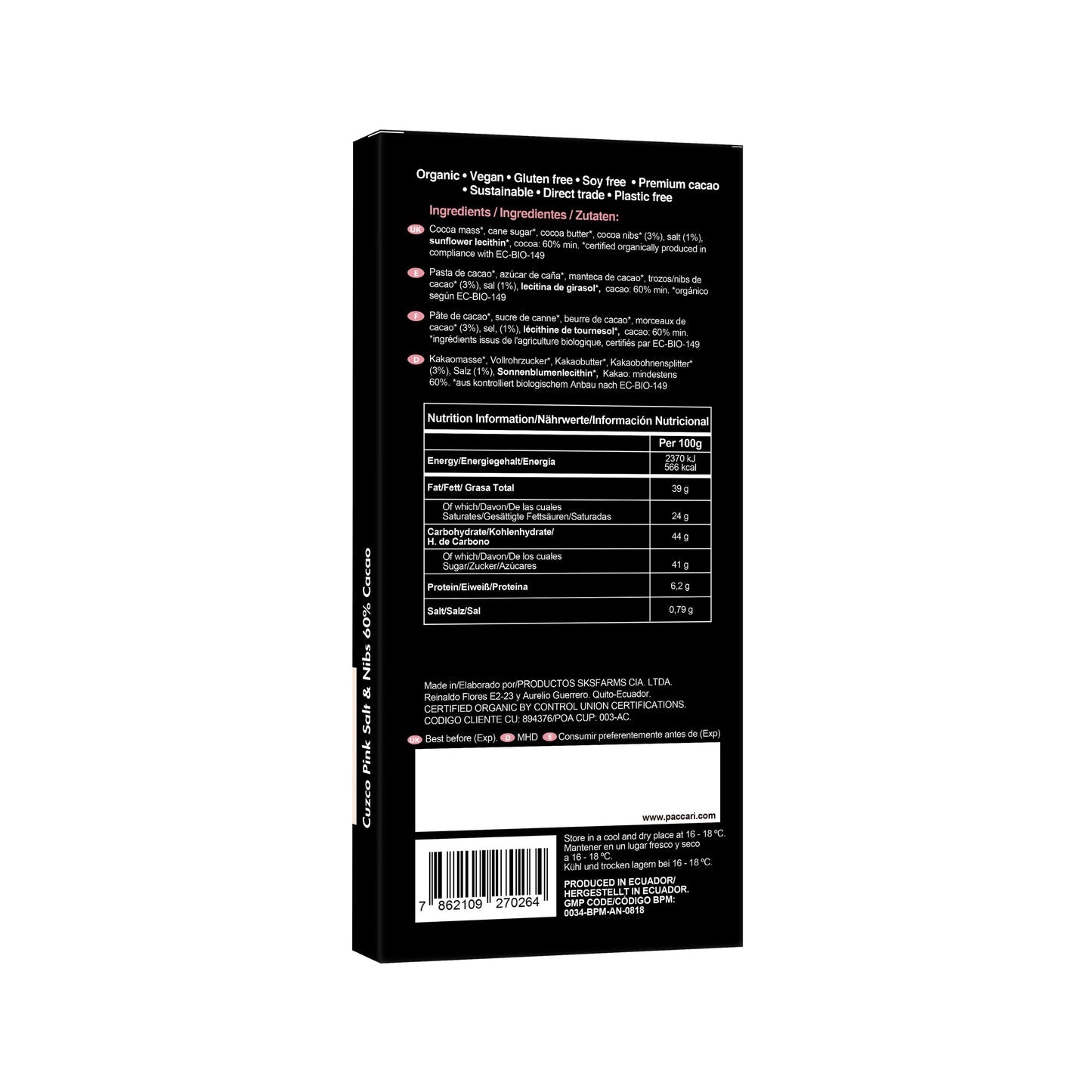 Organic 70% Cacao with Salt & Nibs | Pacari | Raw Living UK | Pacari 70% Cacao Raw Chocolate Bar with Salt & Nibs is a delicious Vegan, Plant Based, Low-Sugar Chocolate. Pacari bring together taste, nutrition & ethics.