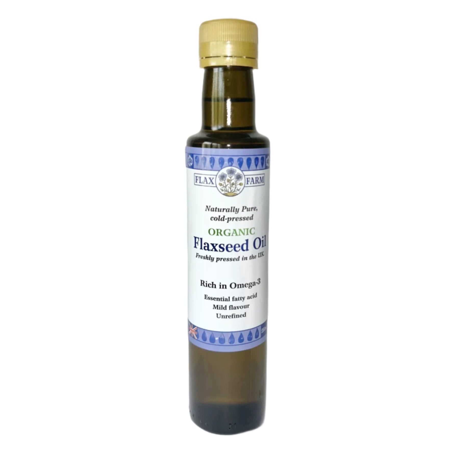 Bottle of organic flaxseed oil with a white label on a white background