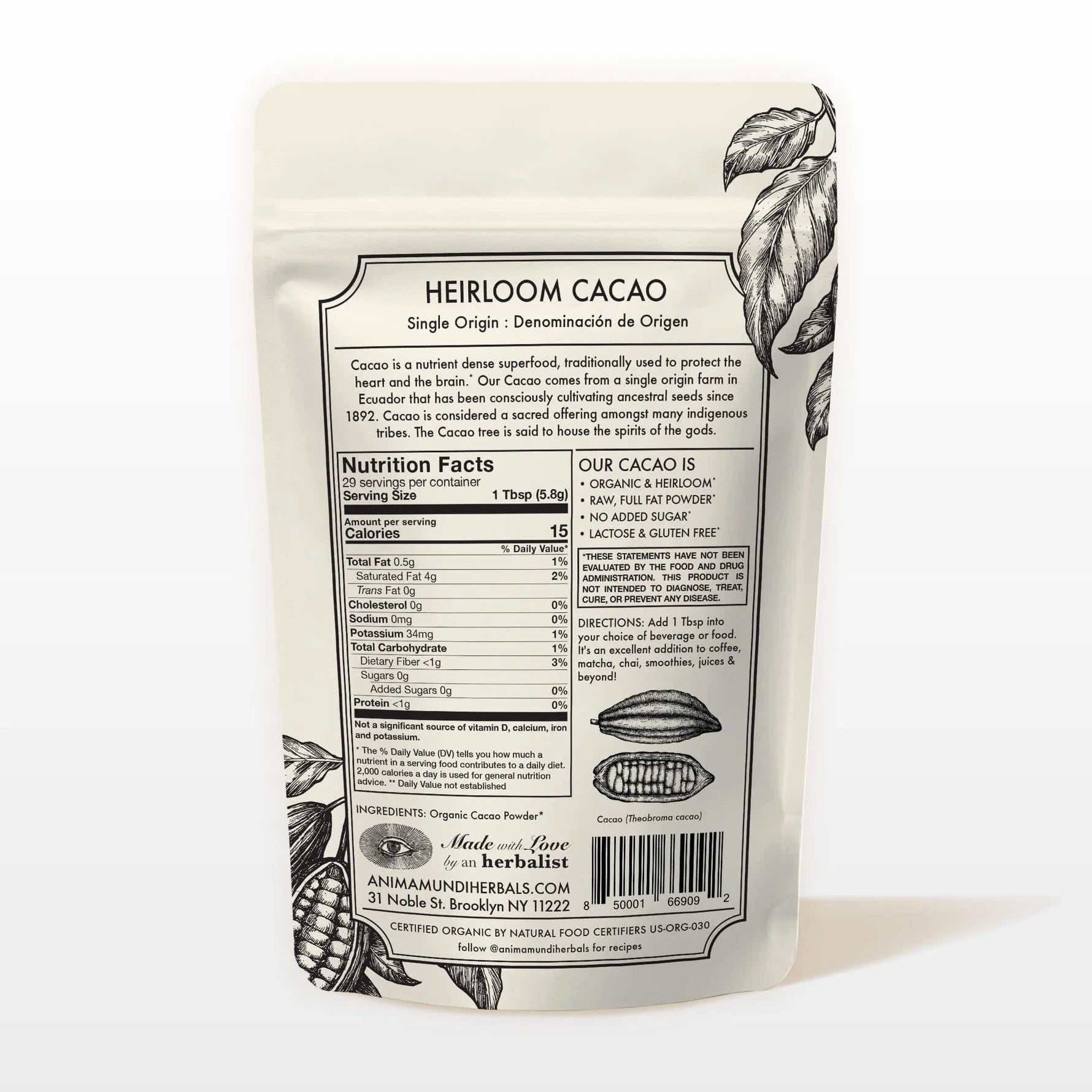 Heirloom Cacao Powder (6oz) | Anima Mundi Herbals | Raw Living UK | Raw Foods | Super Foods | Anima Mundi's Heirloom Cacao Powder is High Quality & Organic. This Cacao comes from Peru & it is packed with Anti-Oxidants, Iron, Magnesium & Bliss Chemicals!