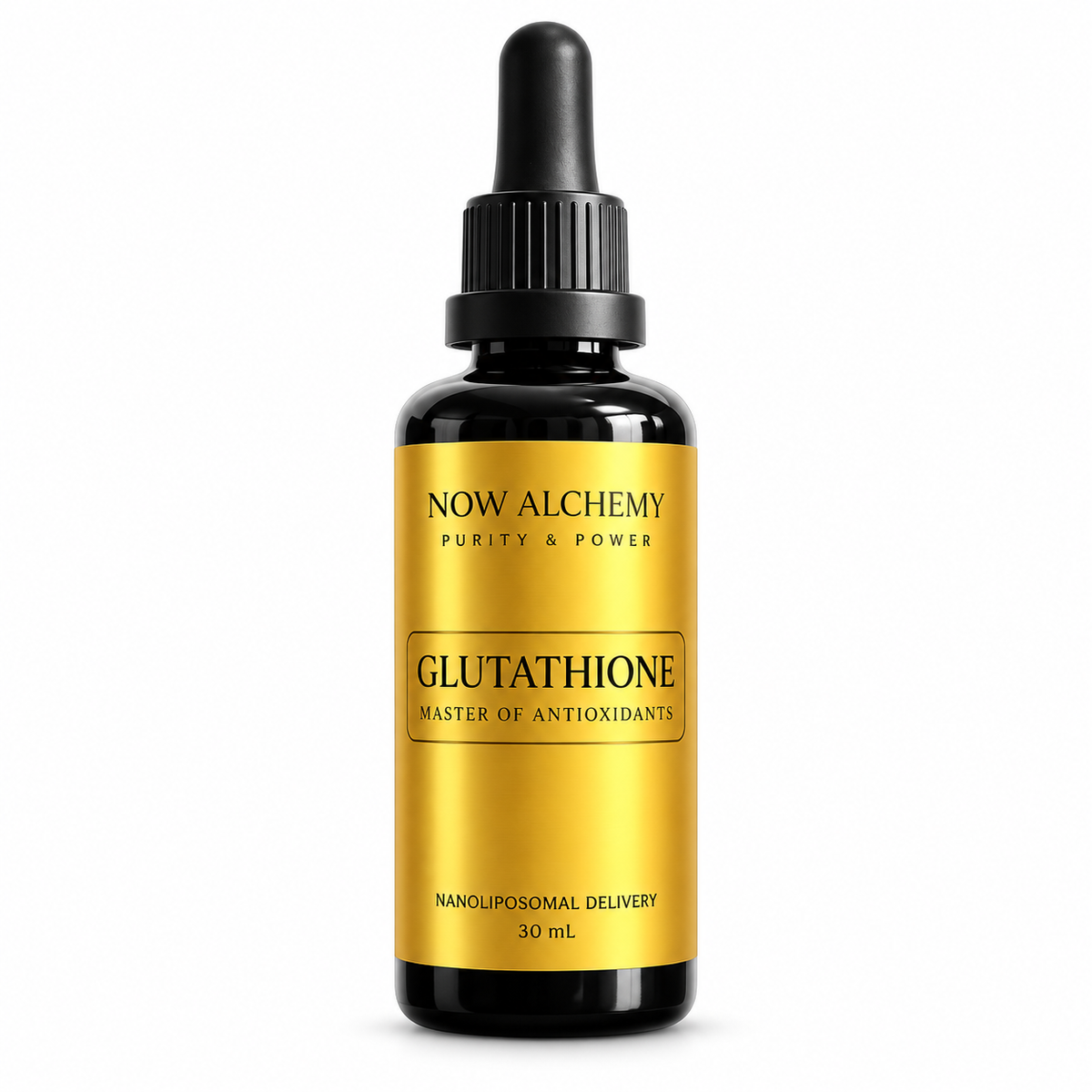 A 30 mL glass dropper bottle of NOW ALCHEMY Glutathione Master of Antioxidants, featuring a metallic gold label and a black dropper cap, set against a plain white background.