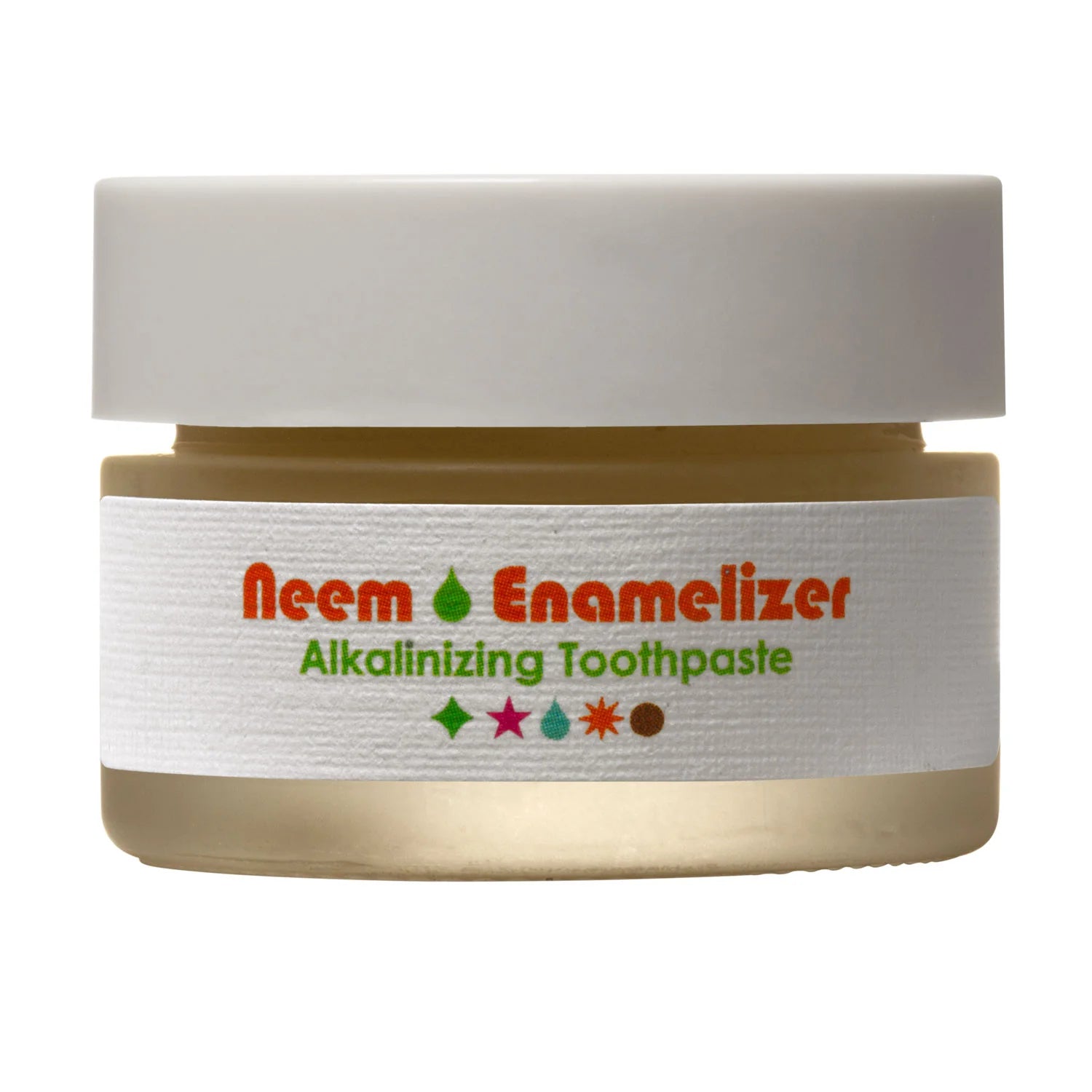 A small jar of Living Libations Neem Enamelizer Alkalinizing Toothpaste with a white lid and a label that includes the product name and 'Alkalinizing Toothpaste' text.