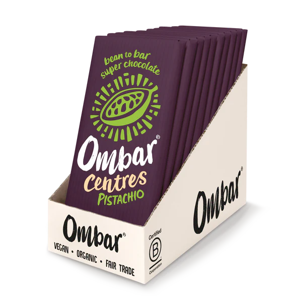 Organic Vegan Centres Pistachio Chocolate Bar | Ombar | Raw Living UK | Raw Chocolate | Raw Cacao | Ombar Pistachio Centres Raw Cacao Bar is an Organic Natural, Vegan, Plant Based & Delicious Chocolate. Sweetened with Coconut & a creamy flavoured centre.