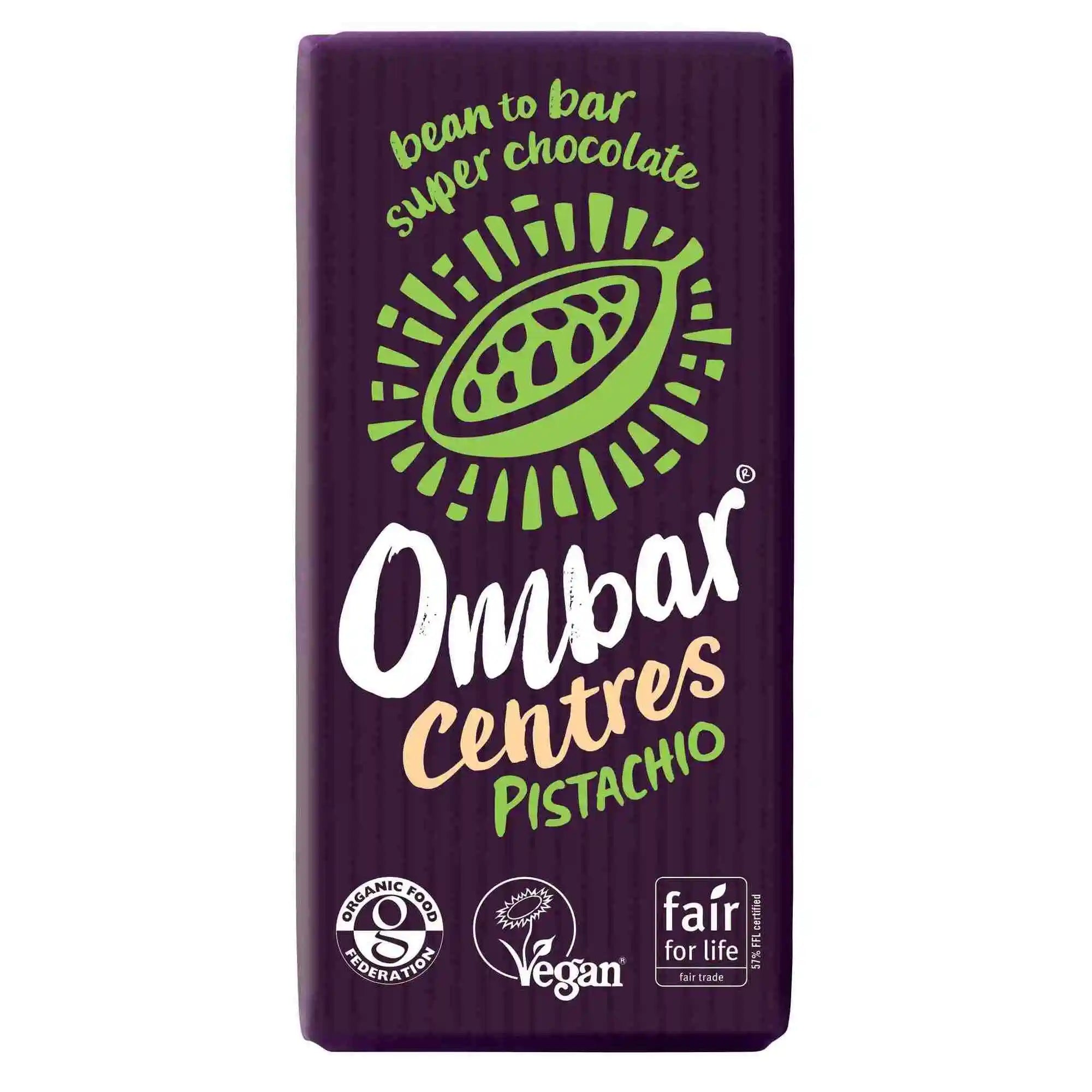Organic Vegan Centres Pistachio Chocolate Bar | Ombar | Raw Living UK | Raw Chocolate | Raw Cacao | Ombar Pistachio Centres Raw Cacao Bar is an Organic Natural, Vegan, Plant Based & Delicious Chocolate. Sweetened with Coconut & a creamy flavoured centre.