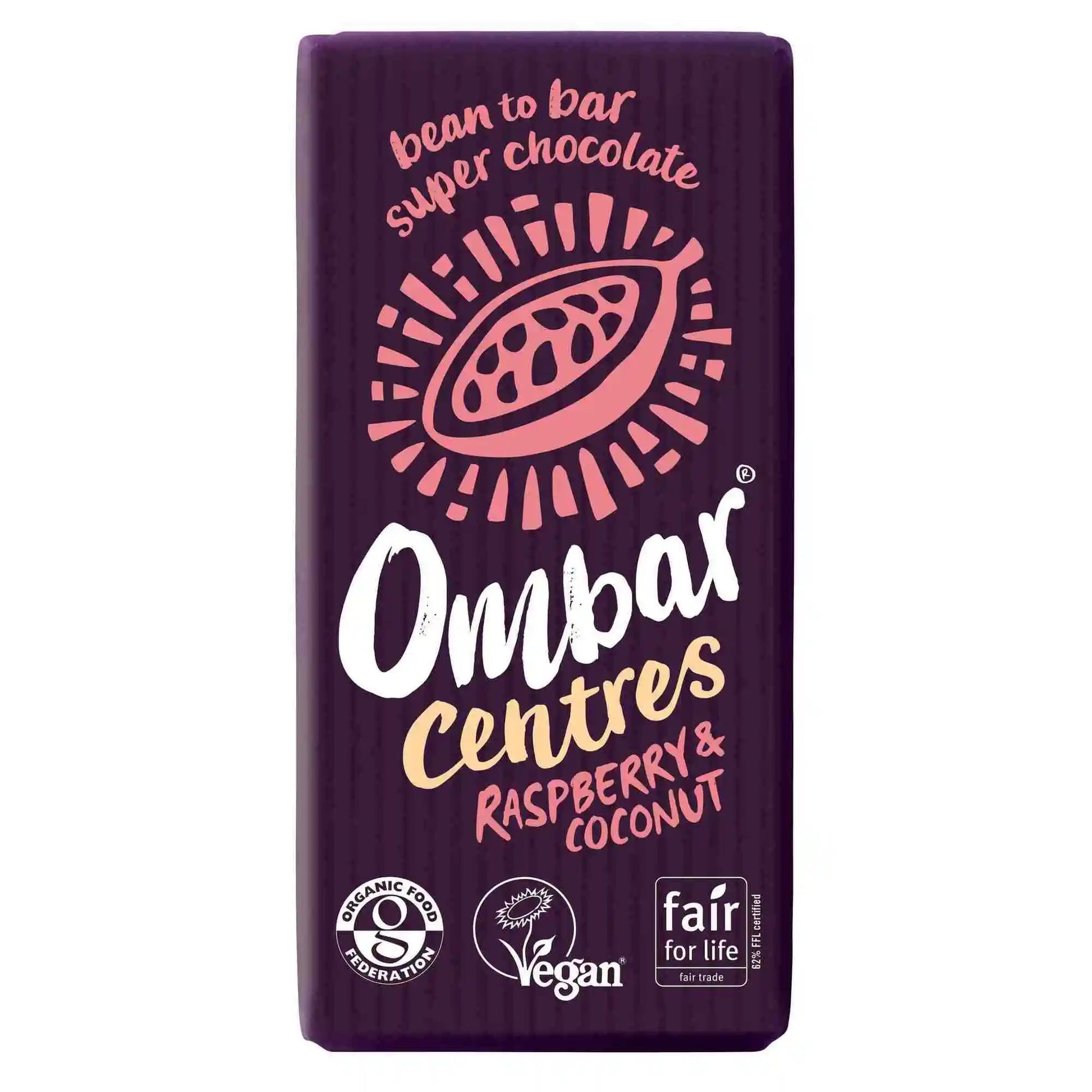 Organic Vegan Centres Raspberry & Coconut Chocolate Bar | Ombar | Raw Living UK | Raw Chocolate | Raw Cacao | Ombar Creamy Raspberry & Coconut Centres Raw Cacao Bar is a Natural, Vegan, Organic & Delicious Chocolate. Sweetened with Coconut & a creamy flavoured centre.