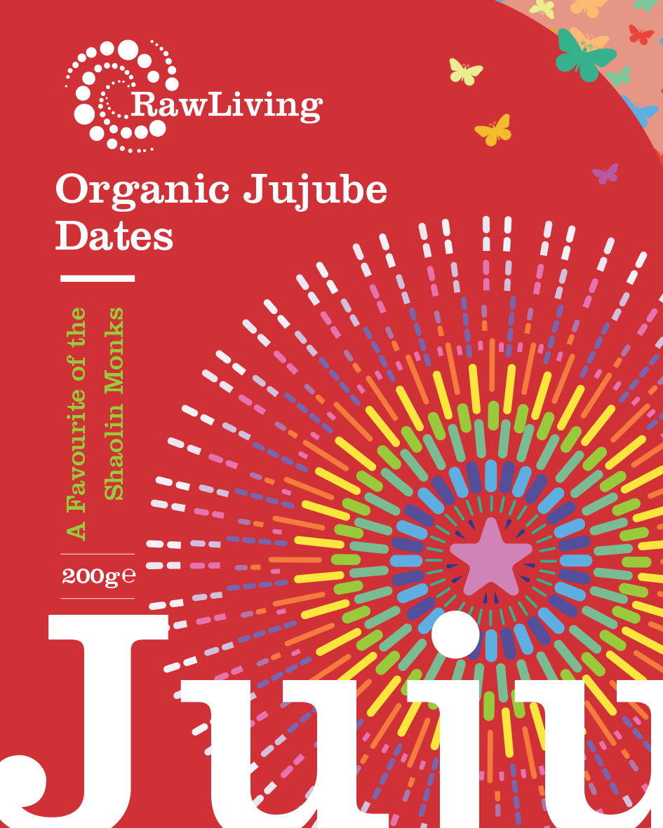 RawLiving Organic Jujube Dates packaging with colorful design on a red background
