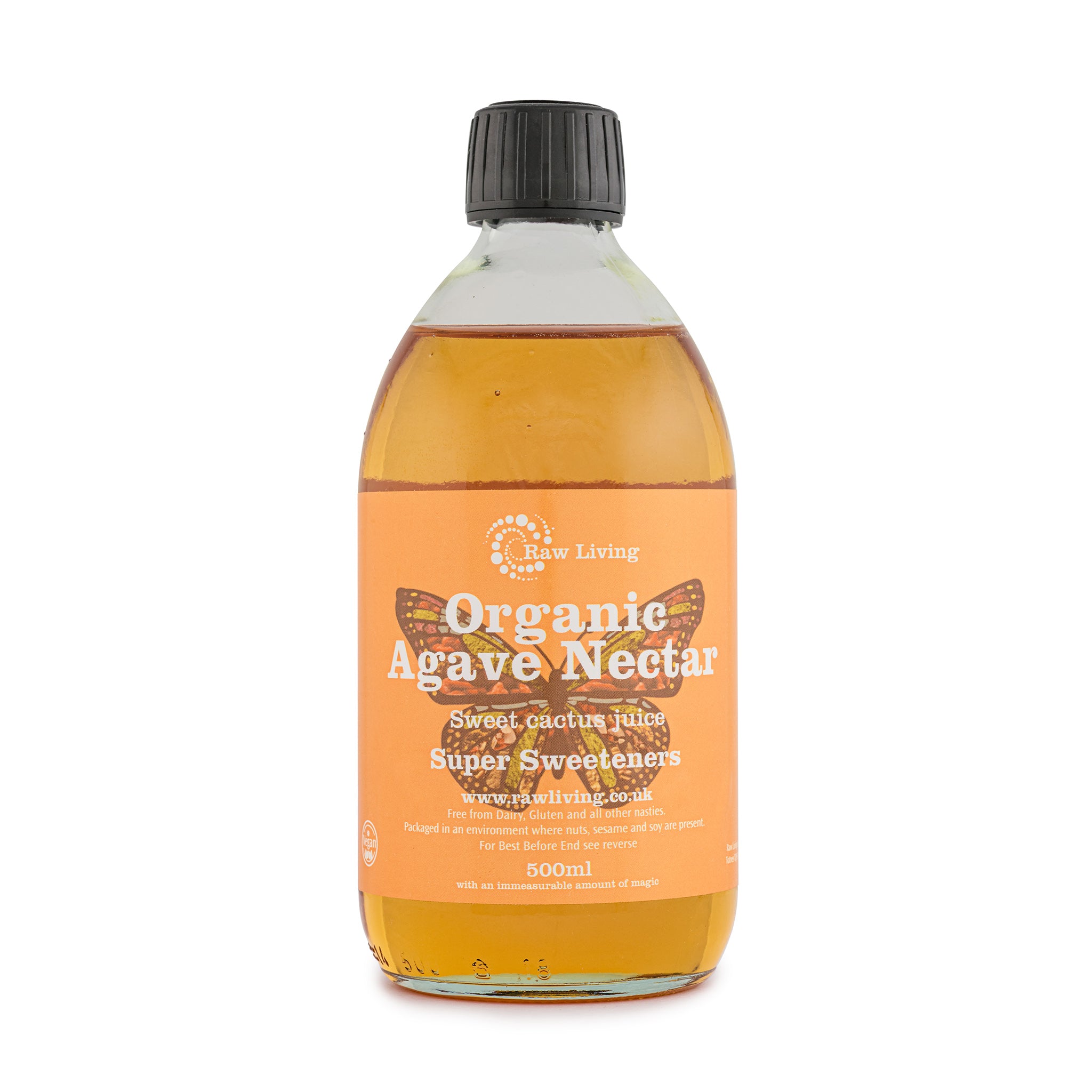 Bottle of Organic Agave Nectar with a label on a white background