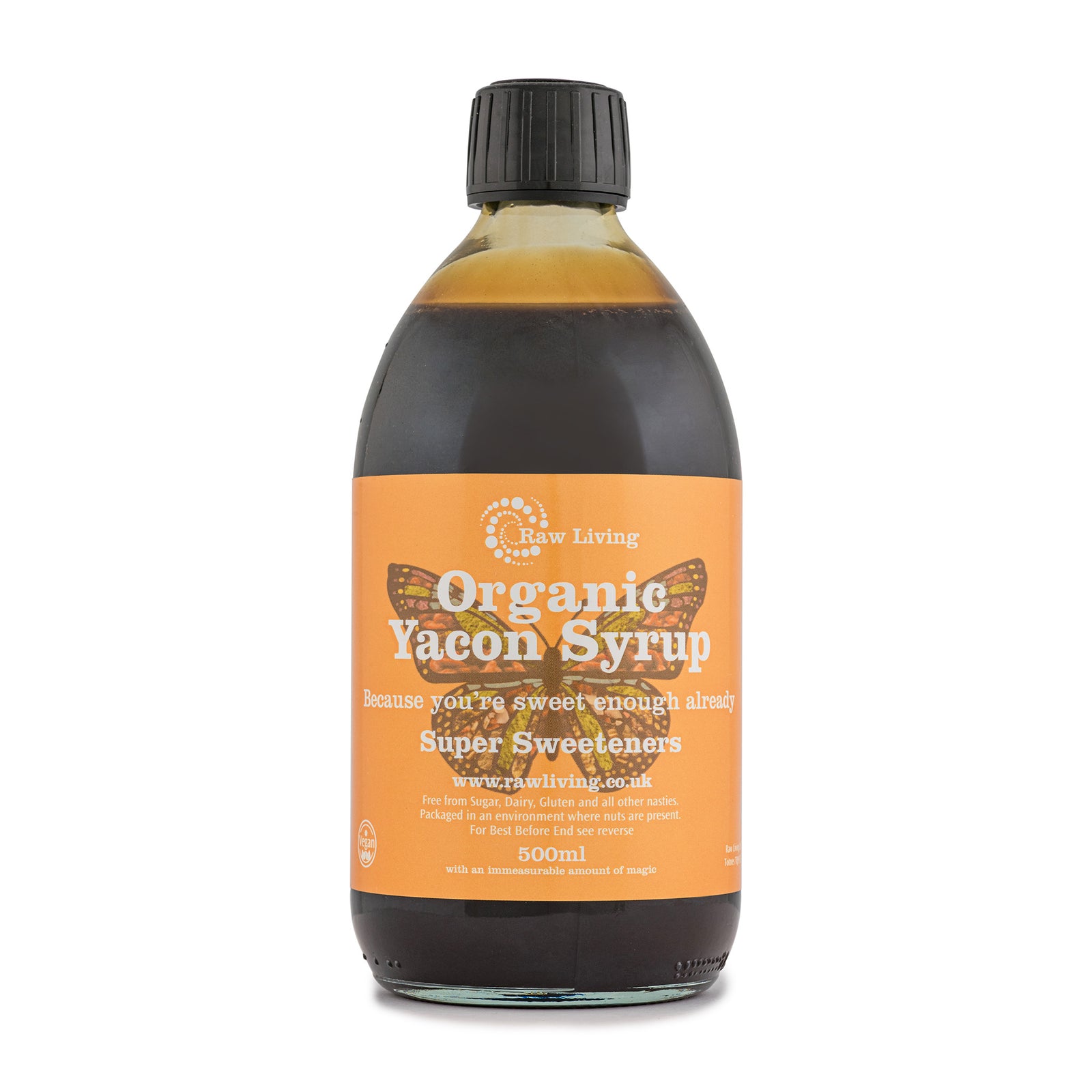 Bottle of Organic Yacon Syrup with an orange label on a white background