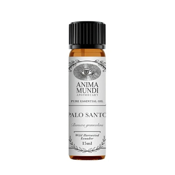 A 15ml bottle of Anima Mundi Herbals Palo Santo essential oil with a black cap and a label featuring the product name and 'Pure Essential Oil'.