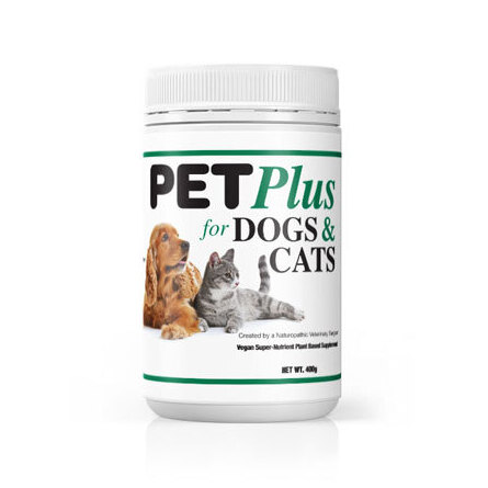 Pet Plus supplement container for dogs and cats on a white background