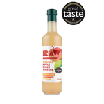 Bottle of organic apple cider vinegar with a 'Great Taste' award on a white background