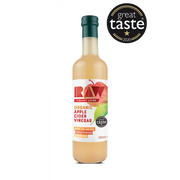 Bottle of organic apple cider vinegar with a 'Great Taste' award on a white background