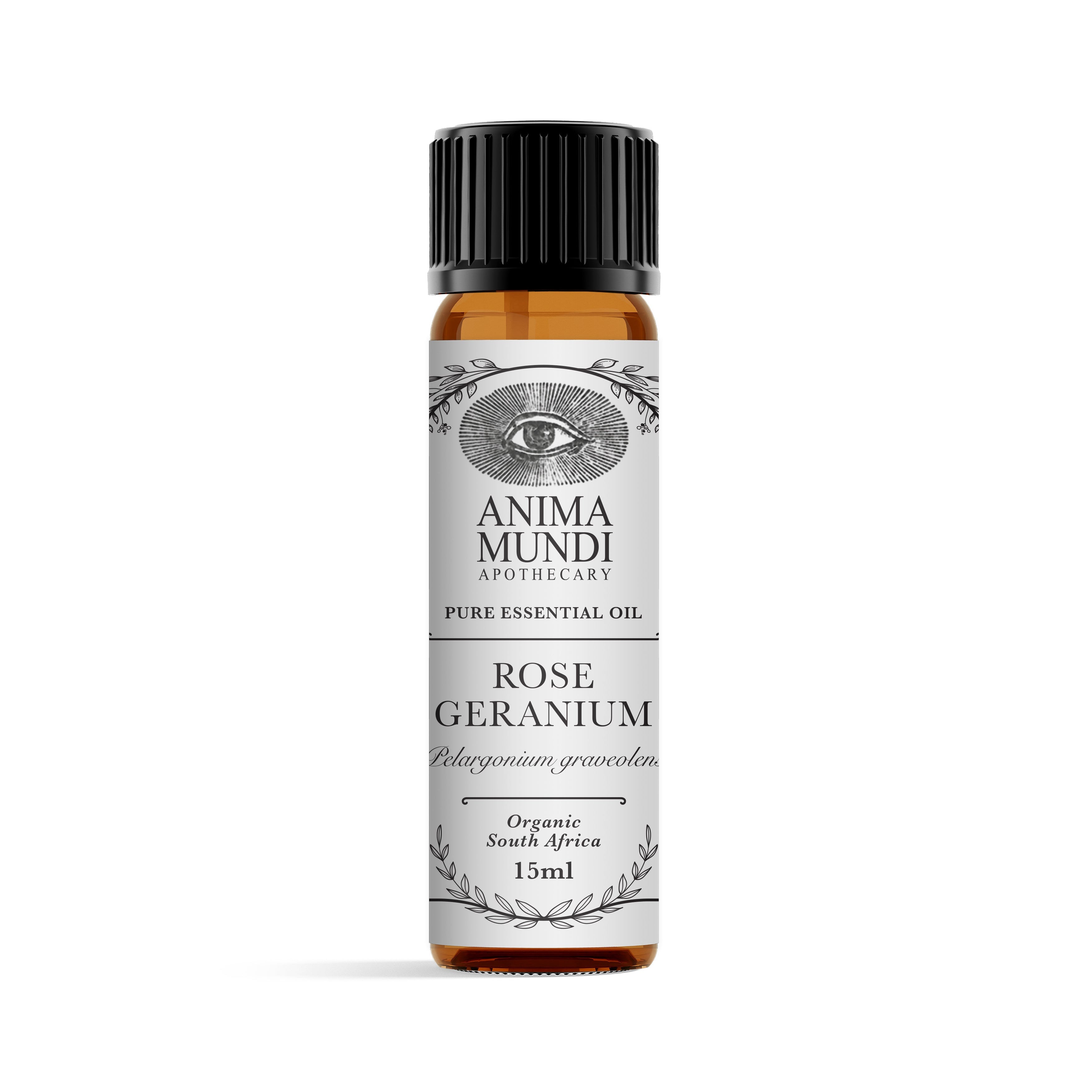 Anima Mundi Rose Geranium essential oil bottle on a white background