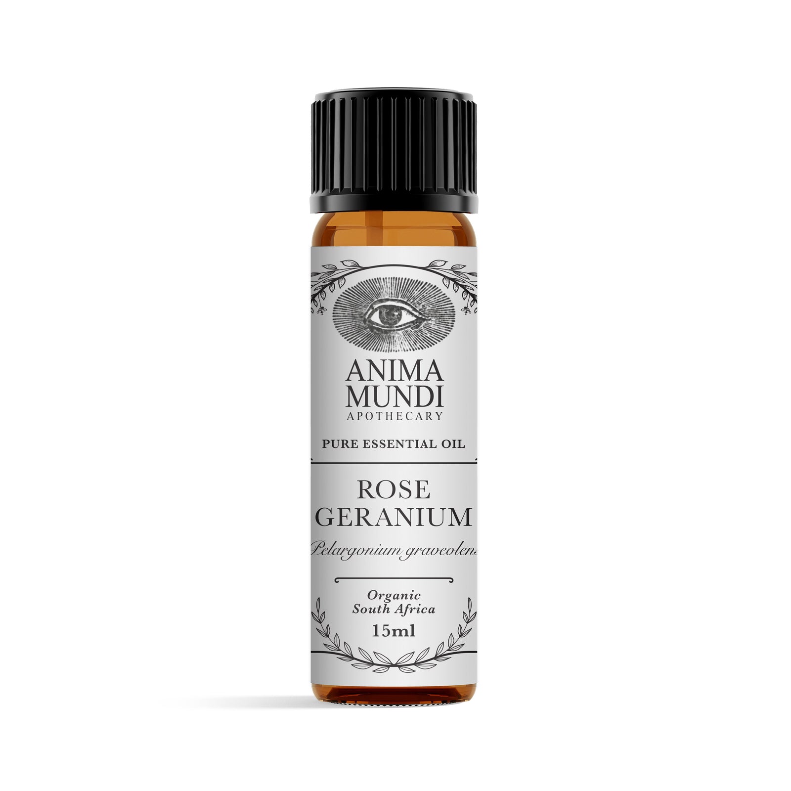 Anima Mundi Rose Geranium essential oil bottle on a white background