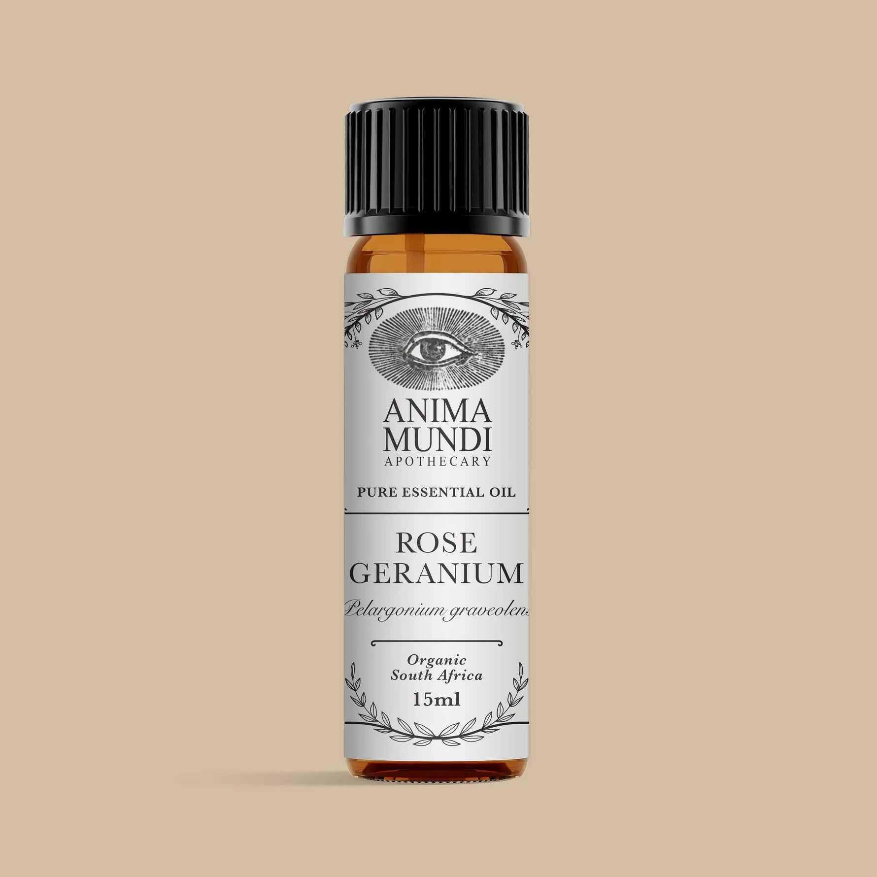 Anima Mundi Rose Geranium essential oil bottle on a beige background