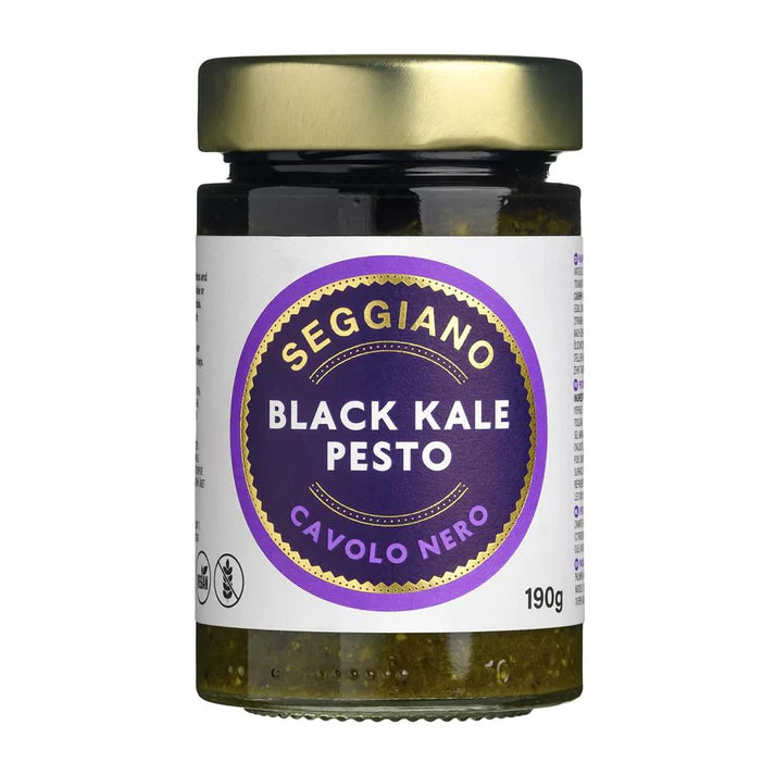 Vegan Basil Black Kale Pesto (Unpasteurised) | Seggiano | Raw Living UK | Raw Foods | Pasta Sauce | Seggiano Raw Vegan Unpasteurised Black Kale Pesto Pasta Sauce: an innovative variation of a classic Italian pesto recipe, made with Tuscan Kale (Black Cabbage).