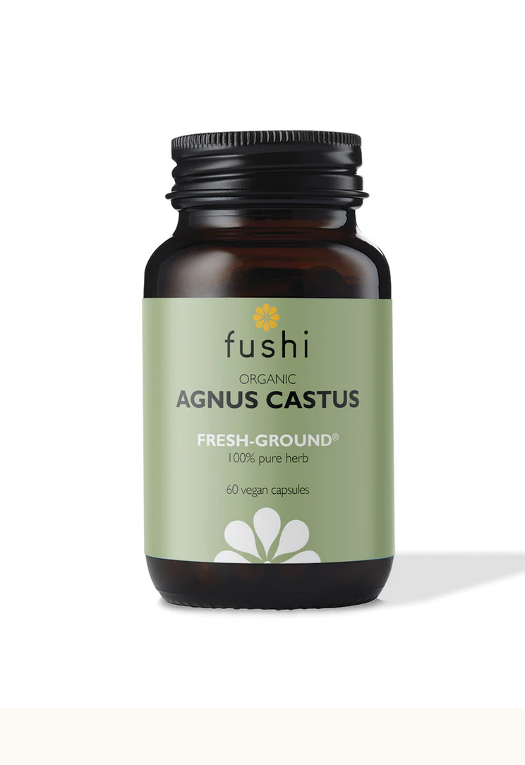 A bottle of Fushi Organic Agnus Castus supplement with 60 vegan capsules, featuring the Fushi logo and information about the product.