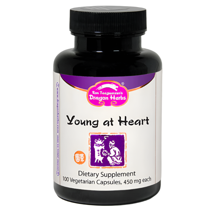 Supplement bottle labeled 'Young at Heart' by Dragon Herbs on a white background