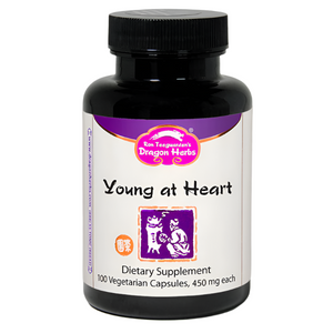 Supplement bottle labeled 'Young at Heart' by Dragon Herbs on a white background