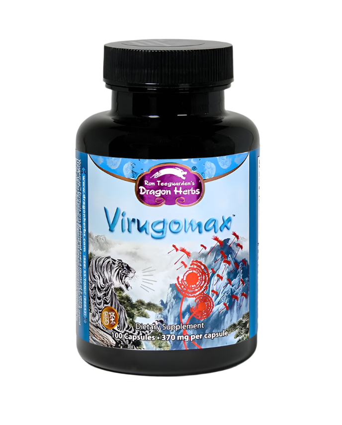 Supplement bottle labeled 'Virugomax' by Dragon Herbs on a gray background