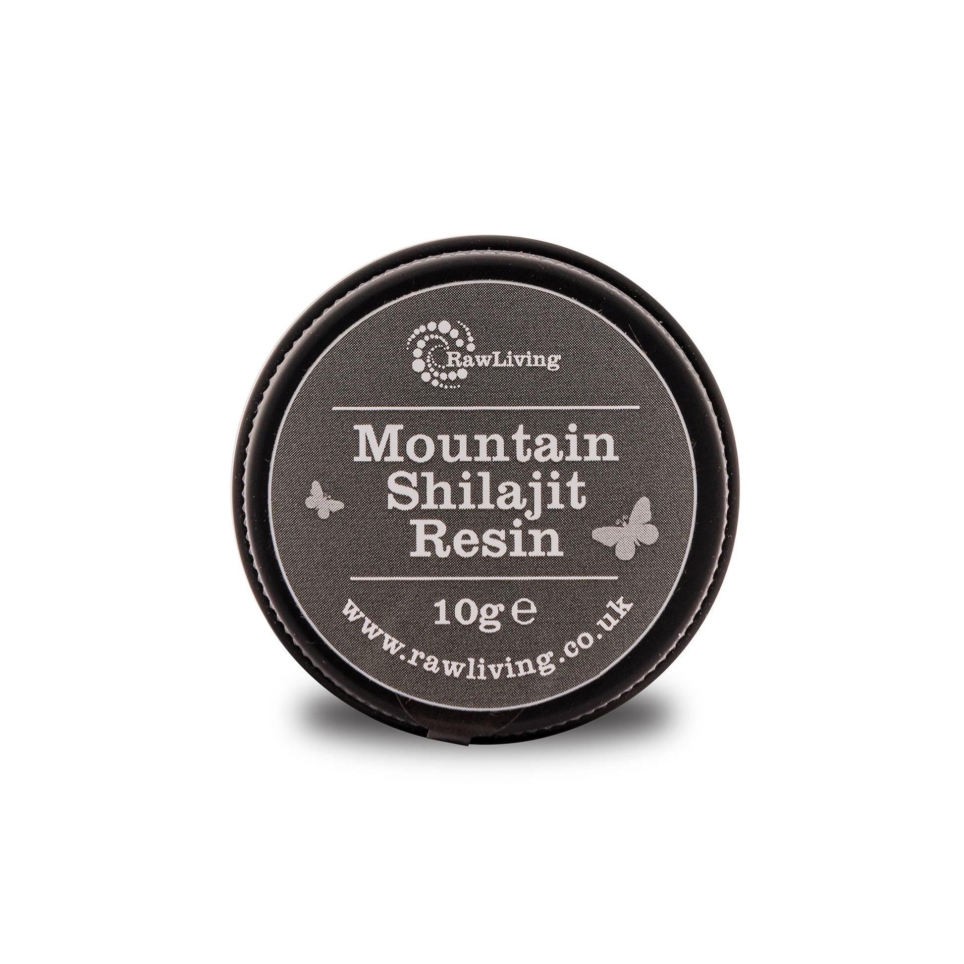 A black sample tin labeled 'Raw Living Mountain Shilajit Resin' with a black label, indicating the product is 10g in size and sourced from the Altai Mountains.
