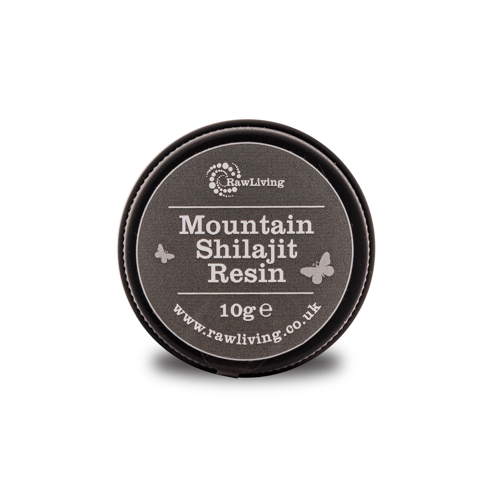 A black sample tin labeled 'Raw Living Mountain Shilajit Resin' with a black label, indicating the product is 10g in size and sourced from the Altai Mountains.