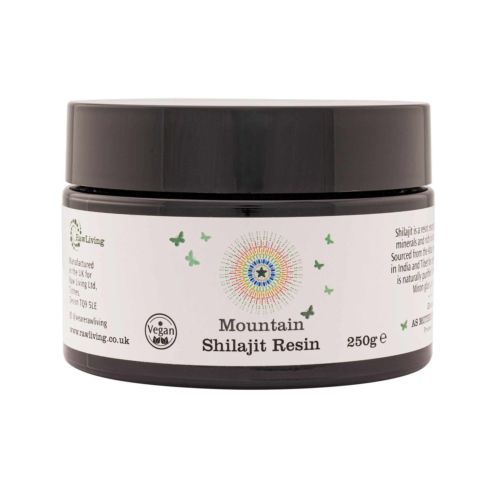 A black glass jar labelled 'Raw Living Mountain Shilajit Resin' with a white and green label, indicating the product is 250g in size and sourced from the Altai Mountains.