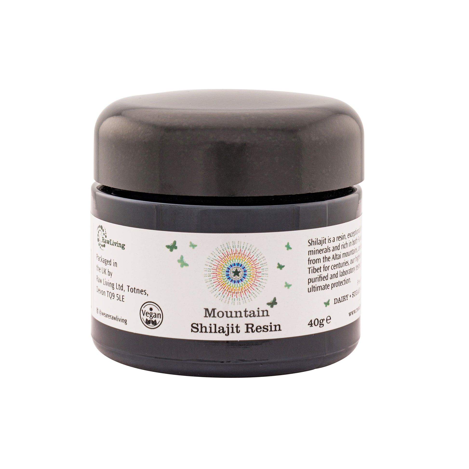 A black jar labeled 'Raw Living Mountain Shilajit Resin' with a white and green label, indicating the product is 40g in size and sourced from the Altai Mountains.