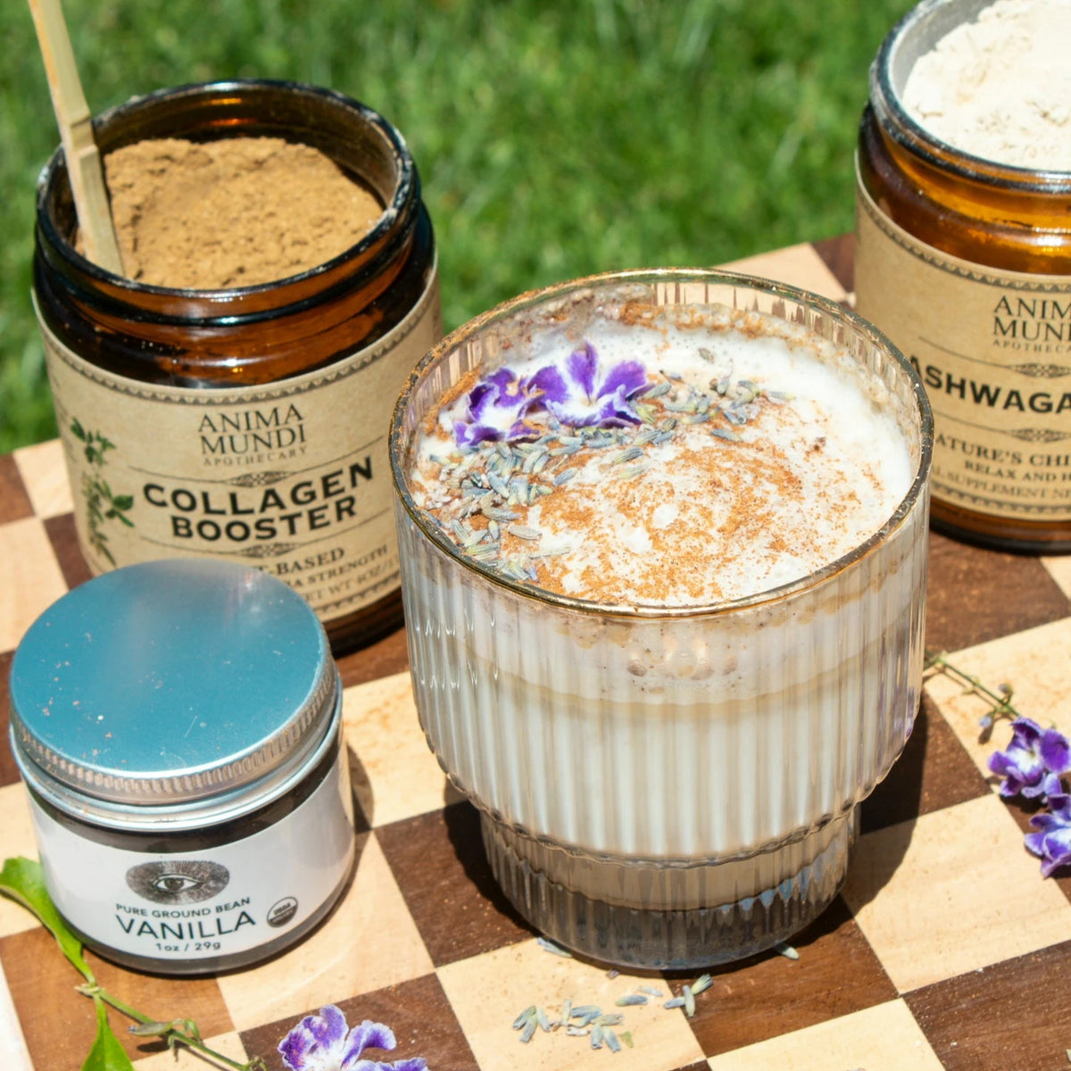 Anima Mundi Collagen Booster jar beside a latte topped with dried flowers