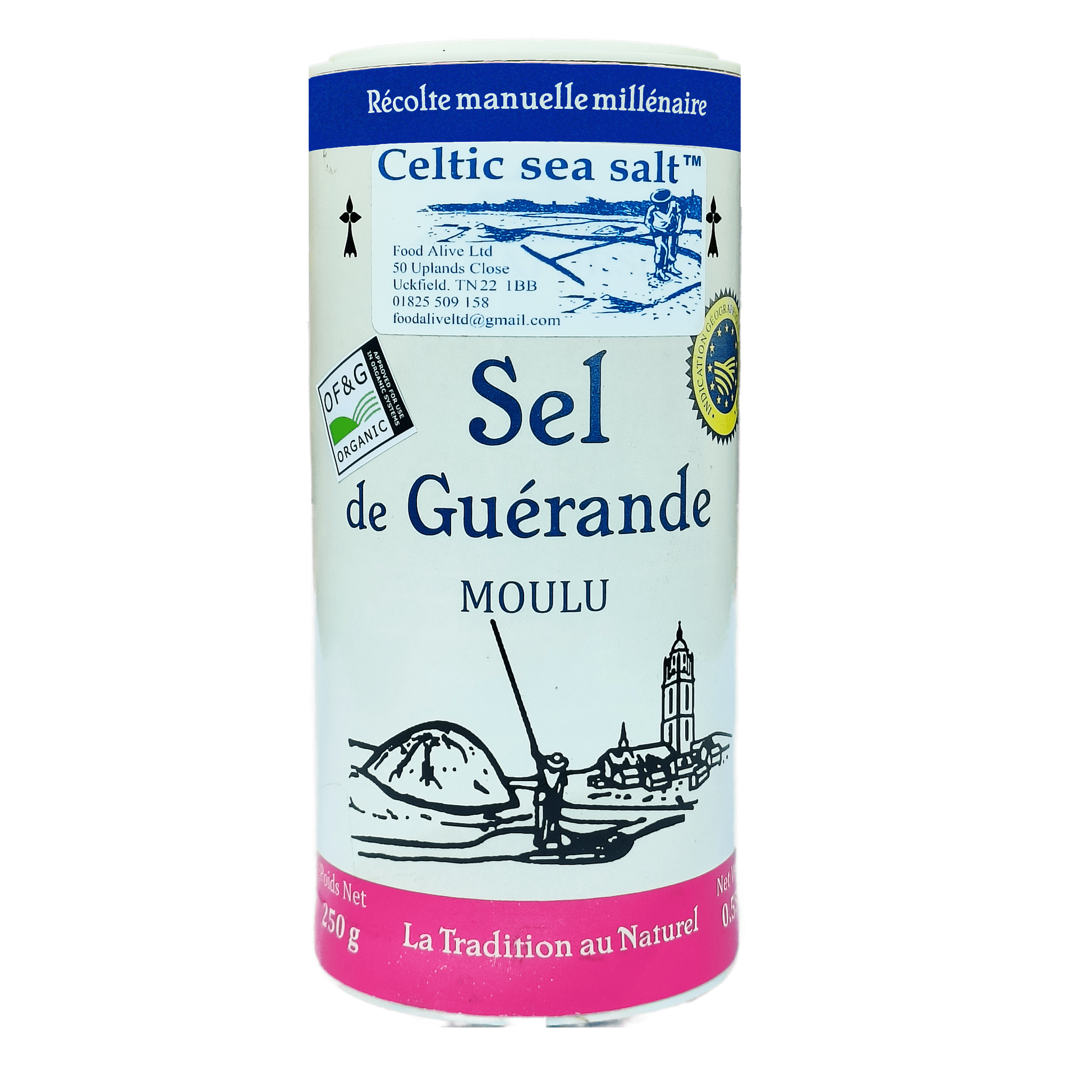 Cylindrical container of Celtic sea salt with branding and text on a white background