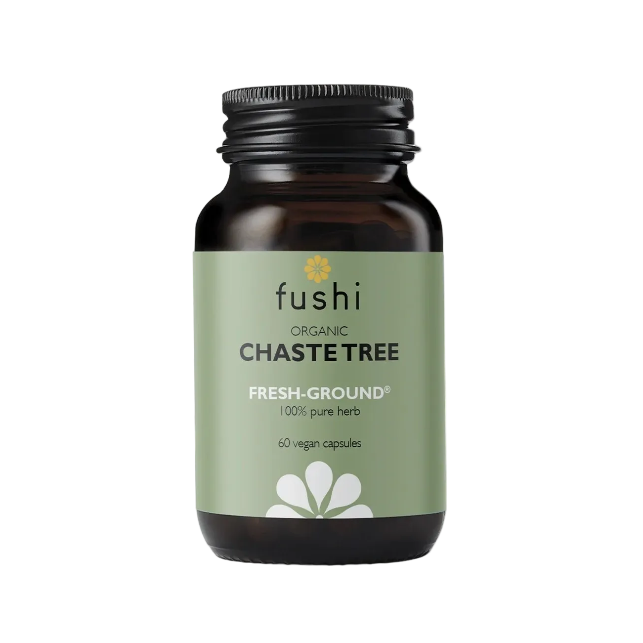 A bottle of Fushi Organic Agnus Castus supplement with 60 vegan capsules.