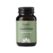 A bottle of Fushi Organic Agnus Castus supplement with 60 vegan capsules.