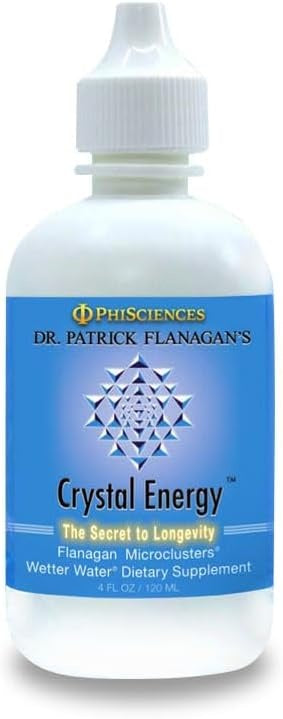 Bottle of Dr. Patrick Flanagan's Crystal Energy supplement with a blue label.