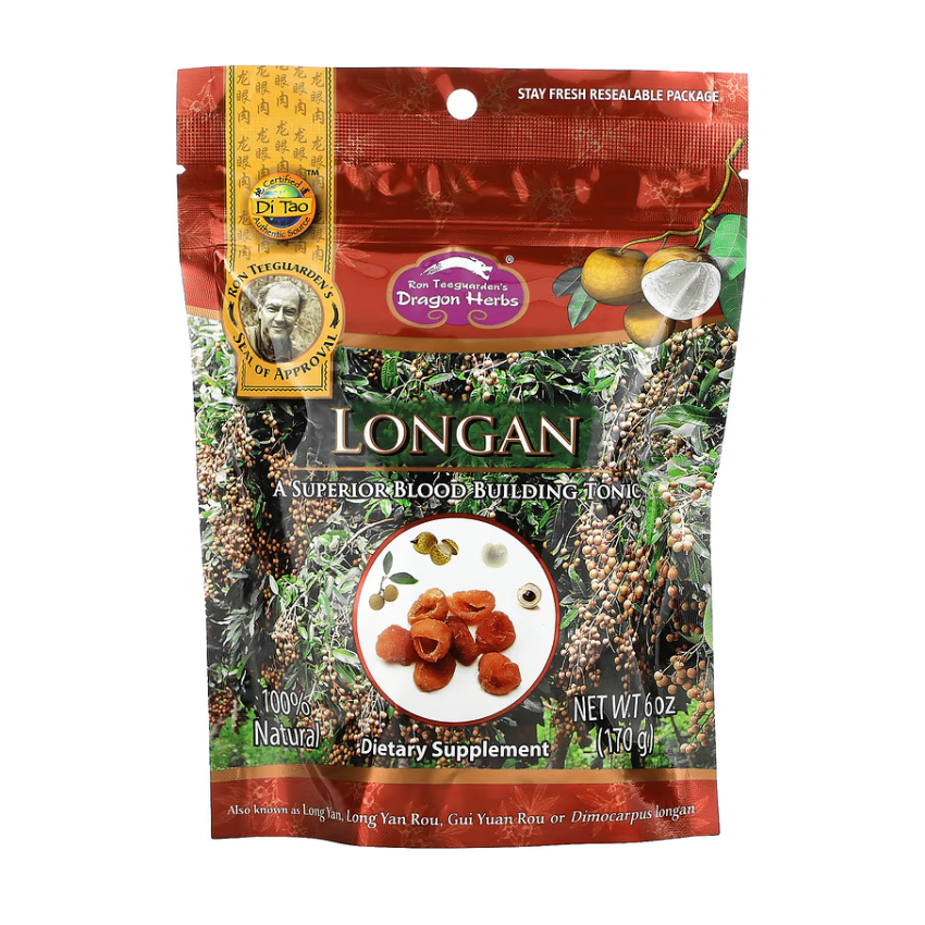 Packaging of Dragon Herbs Longan Fruit, showing the product name, an image of the dried longan fruit, and the net weight of 6oz.