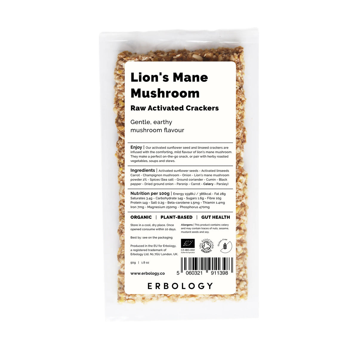Erbology Lion's Mane Raw Activated Crackers 50g, front of pack