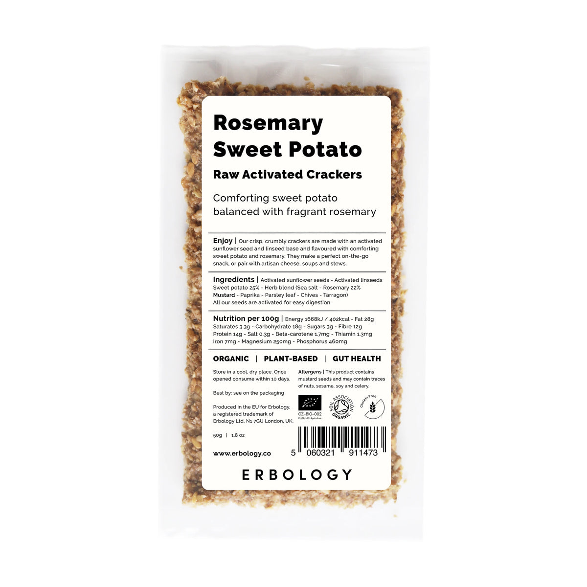 Erbology Rosemary Sweet Potato Raw Activated Crackers 50g, front of pack