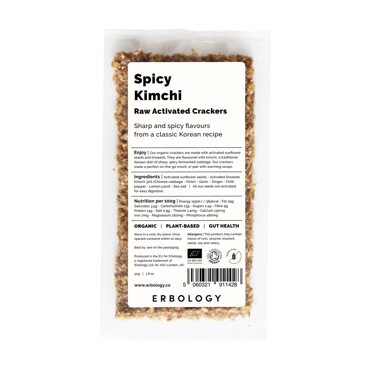 Erbology Spicy Kimchi Raw Activated Crackers 50g, front of pack