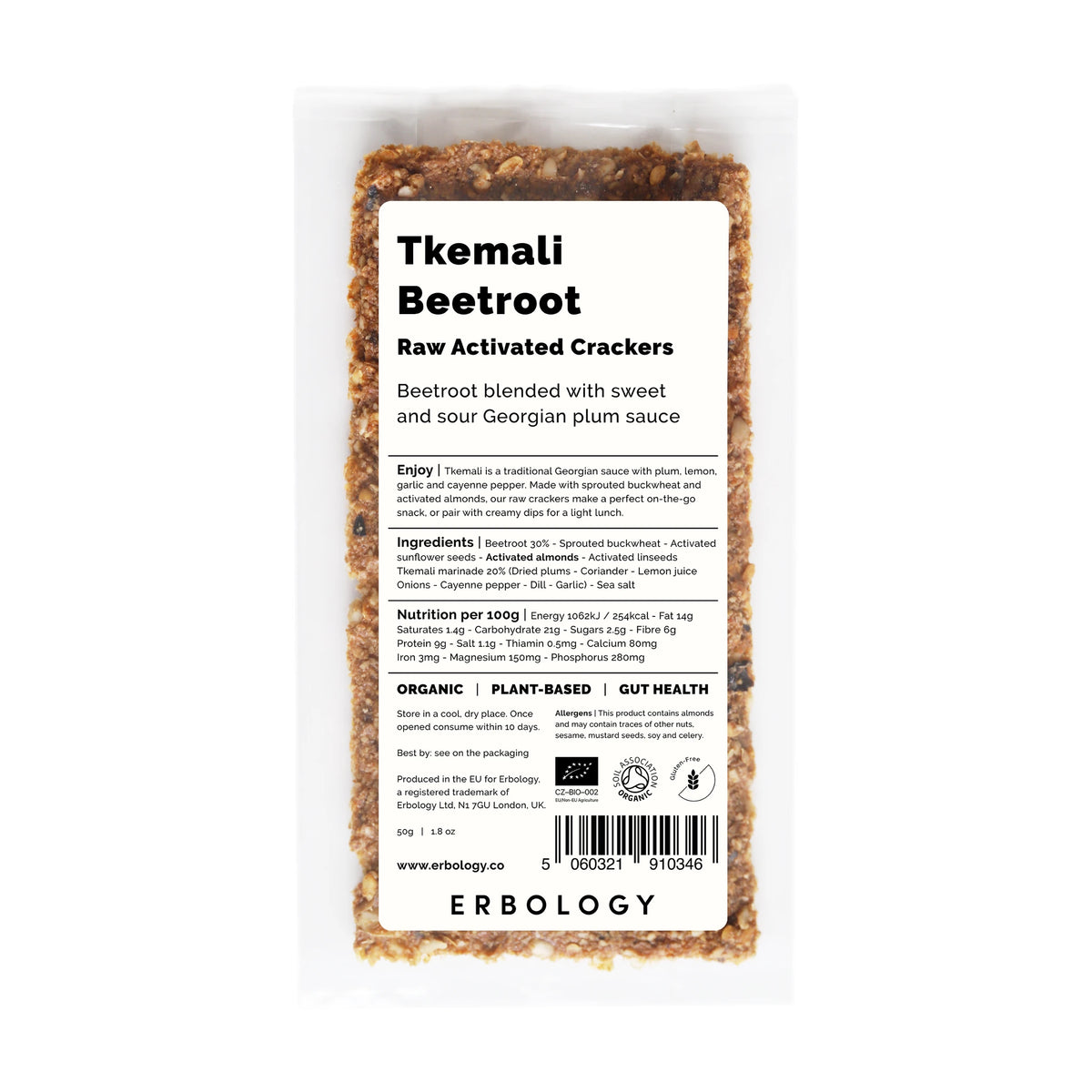 Erbology Tkemali Beetroot Raw Activated Crackers 50g, front of pack