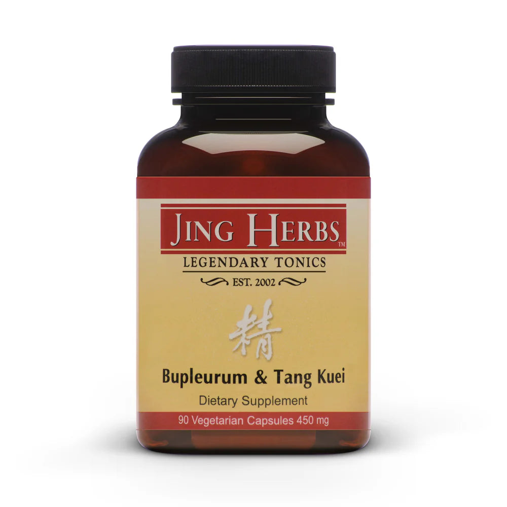 Bupleurum & Tang Kuei Capsules | Jing Herbs | Raw Living UK | Tonic Herbs | Jing Herbs Bupleurum Tang Kuei Capsules: this liver tonic is designed to balance hormones & build blood. Can use for Irregular Cycles, PMS Symptoms & Headaches.