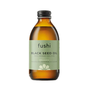 A bottle of Fushi Organic Fresh-Pressed Black Seed Oil Virgin with a label showing the brand name and product name.